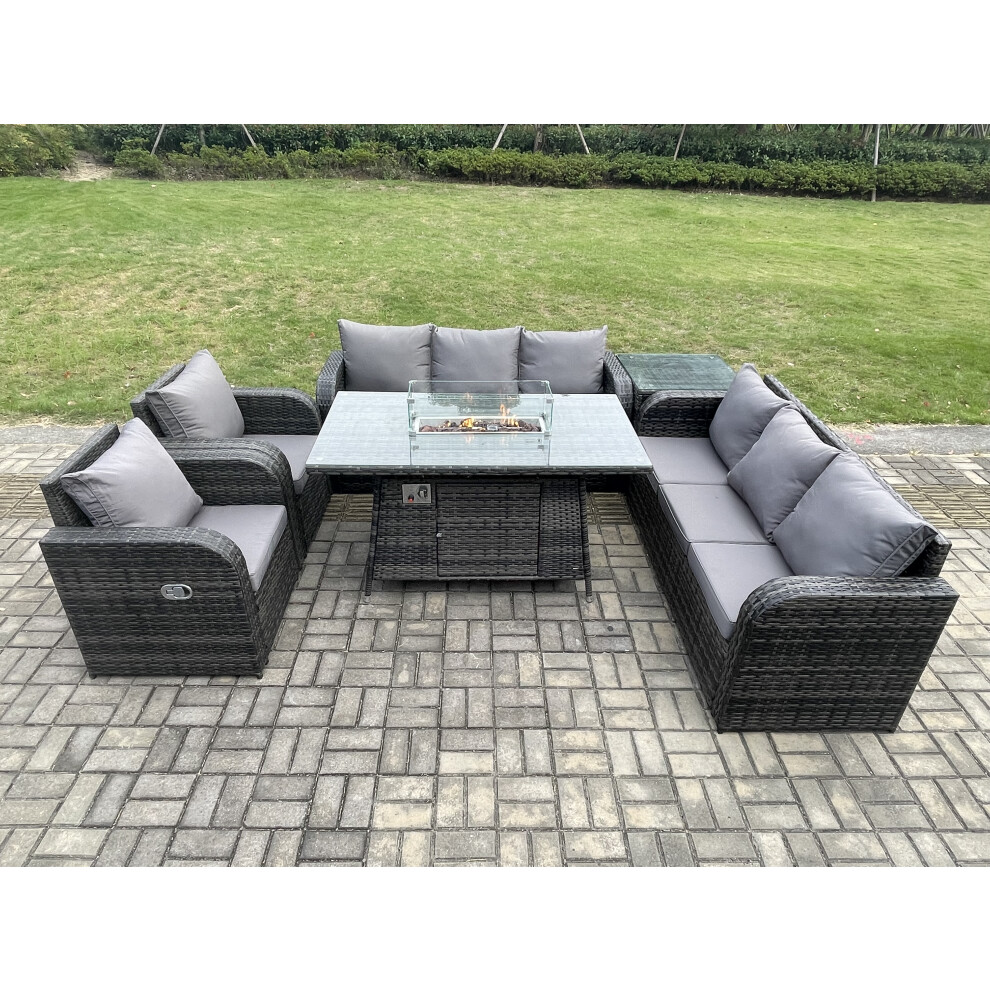 Rattan Garden Furniture Set with Fire Pit Table,Chair and Side Table 8 Seater Outdoor Patio Lounge Sofa Set Dark Grey Mixed