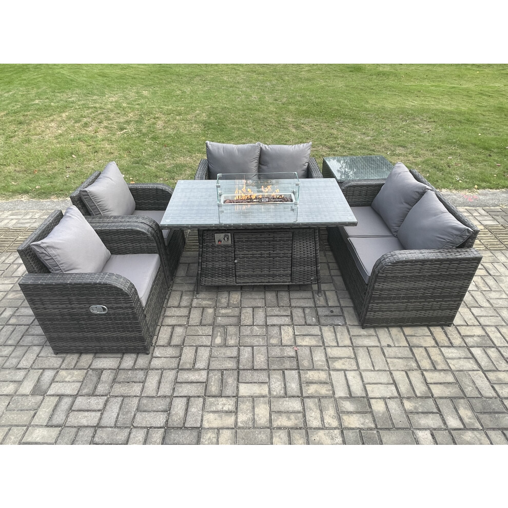 6 Seater Rattan Garden Furniture Set Propane Gas Fire Pit Table and Sofa Chair set with Side Table