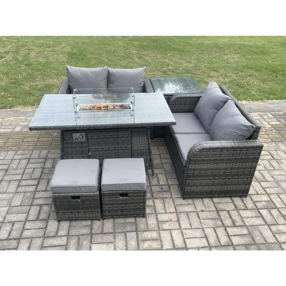 Rattan Garden Furniture Set with Gas Fire Pit Table 6 Pieces Outdoor Loveseat Sofa Set Dark Grey Mixed