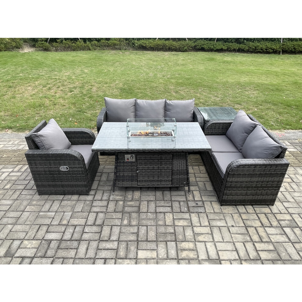 Garden Patio Furniture Wicker Rattan Gas Fire Pit Table And Sofa Chair Set With Side Table