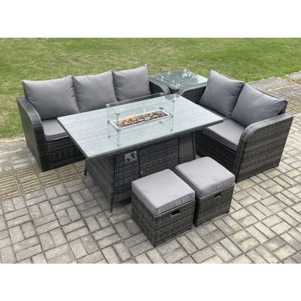 PE Wicker Outdoor Rattan Garden Furniture Set Propane Gas Fire Pit Table and Sofa set with Side Table 2 Small Footstools