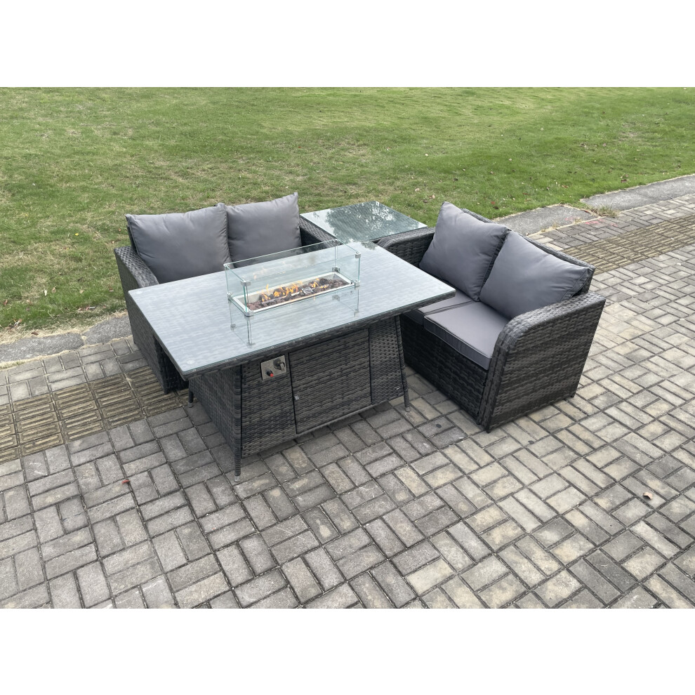 Rattan Garden Furniture Set with Gas Fire Pit Table 4 Pieces Outdoor Loveseat Sofa Set Dark Grey Mixed