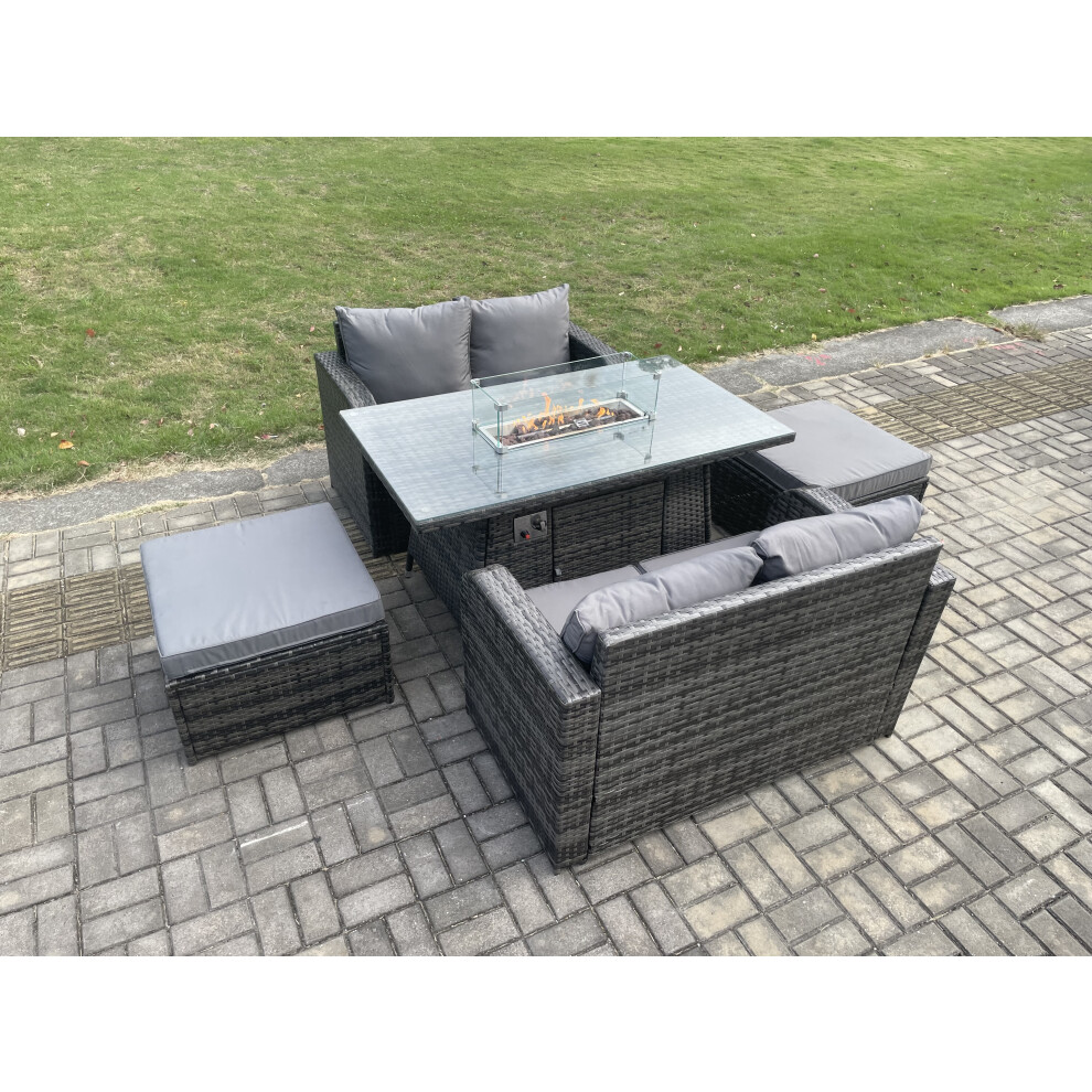 Rattan Garden Furniture Set with Gas Fire Pit Table 5 Pieces Indoor Outdoor Loveseat Sofa Set Dark Grey Mixed