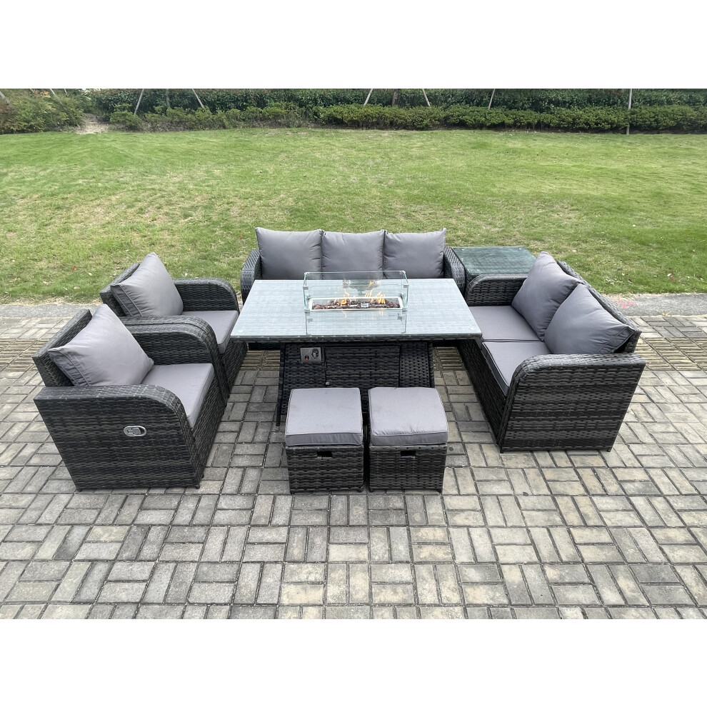 9 Seater PE Wicker Outdoor Rattan Garden Furniture Set Propane Gas Fire Pit Table and Sofa Chair set with Side Table 2 Footstools