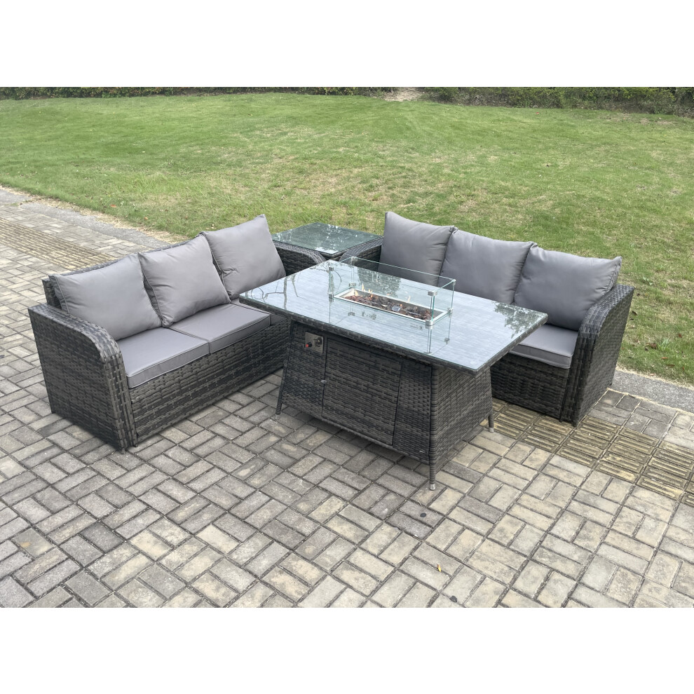 Rattan Garden Furniture Set with Fire Pit Table 4 Pieces Outdoor Patio Lounge Sofa Set Dark Grey Mixed