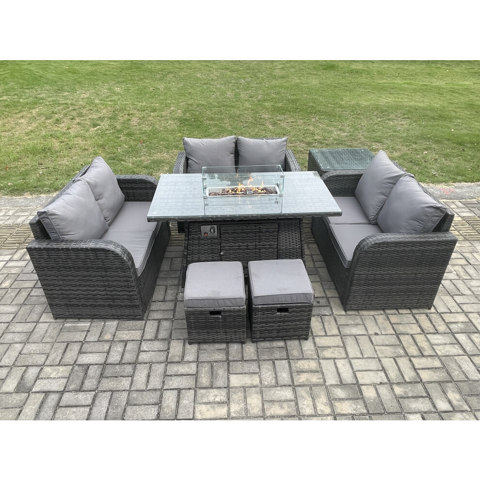 Rattan Outdoor Garden Furniture Sofa Set Gas Fire Pit Dining Table Gas Heater with Side Tables Love Sofa 2 Small Footstools