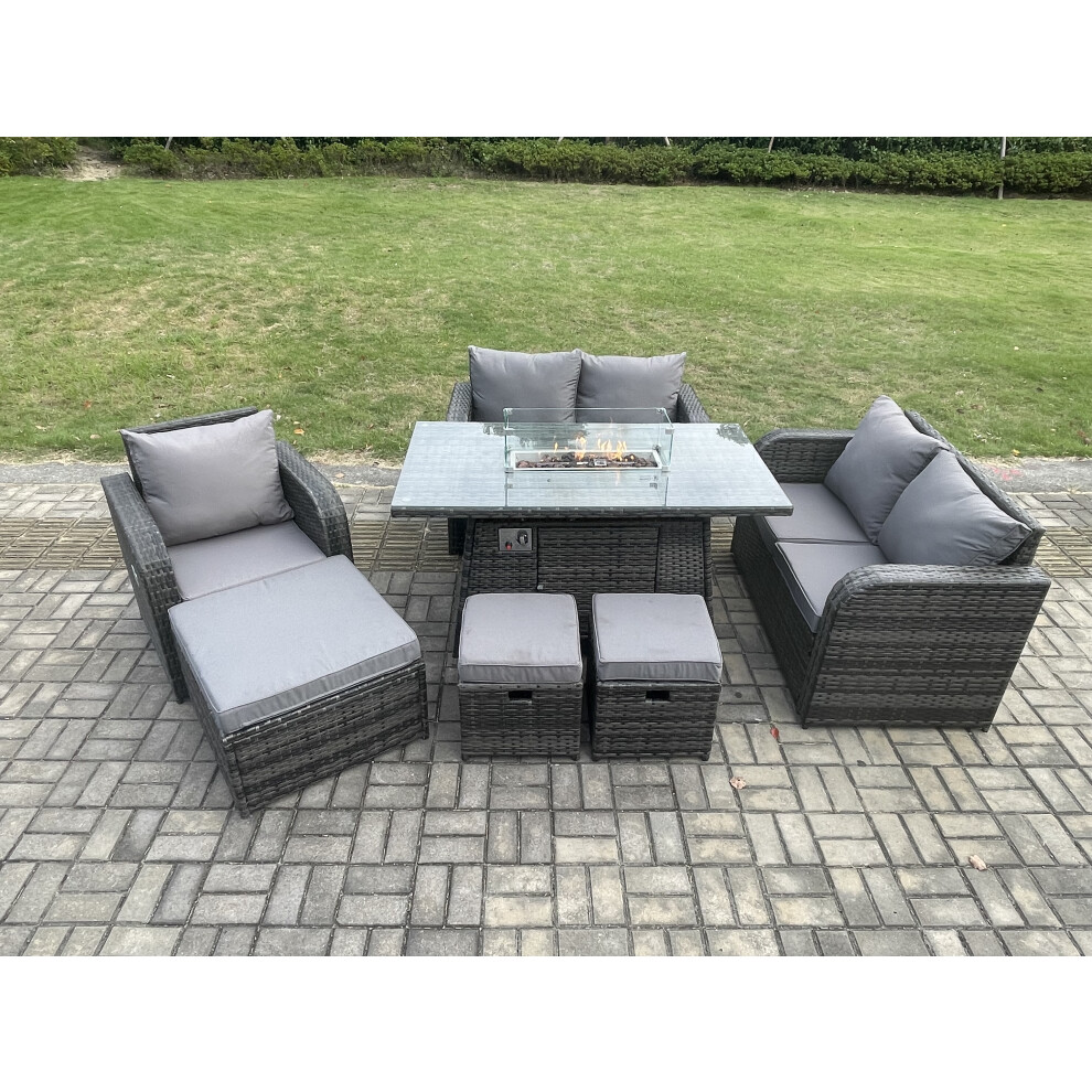 Outdoor Sofa Rattan Garden Furniture Set Patio Gas Fire Pit Dining Table and Reclining Chair set with 3 Footstools Dark Grey Mixed