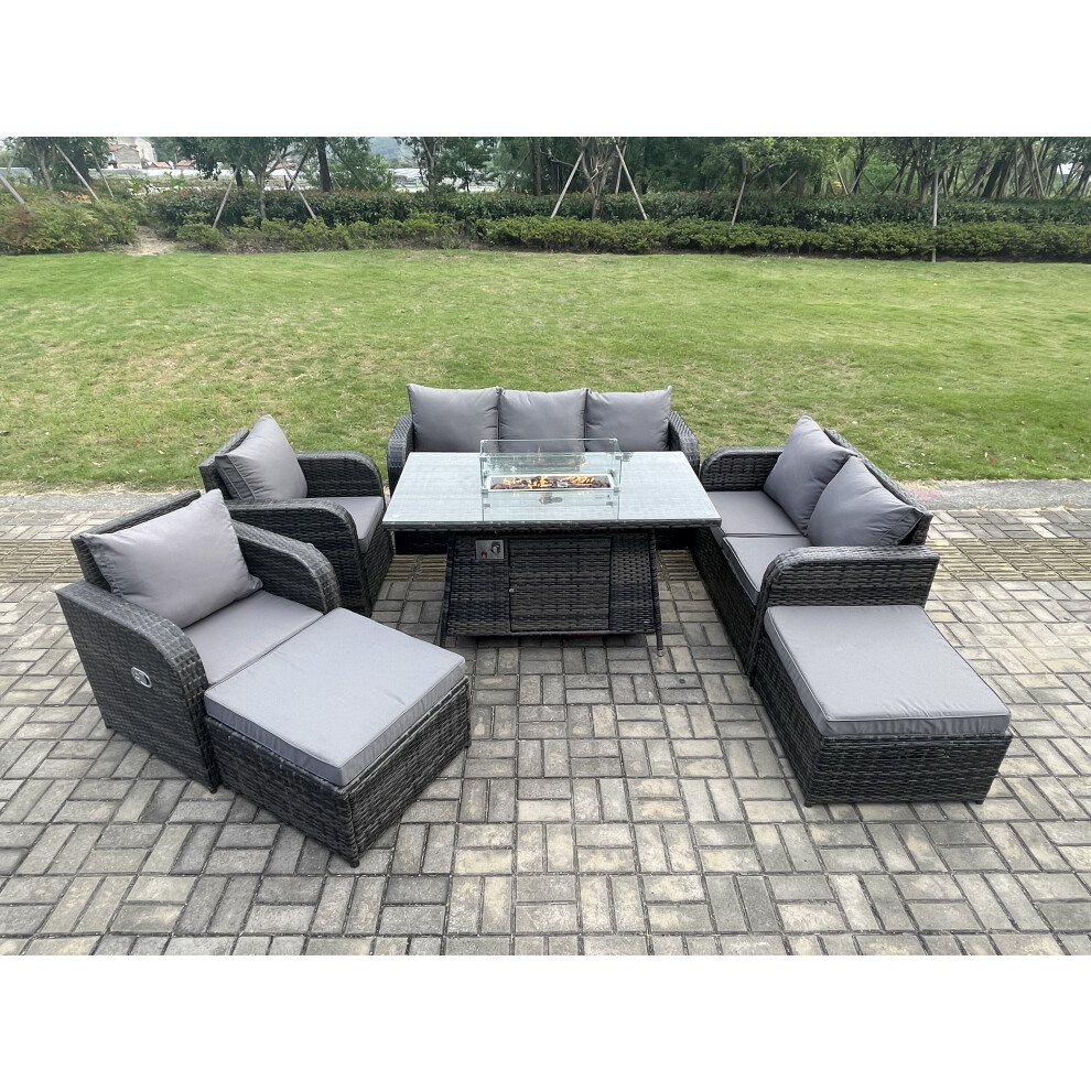 Garden Patio Furniture Wicker Rattan Gas Fire Pit Table and Sofa Chair set with 2 Big Footstool