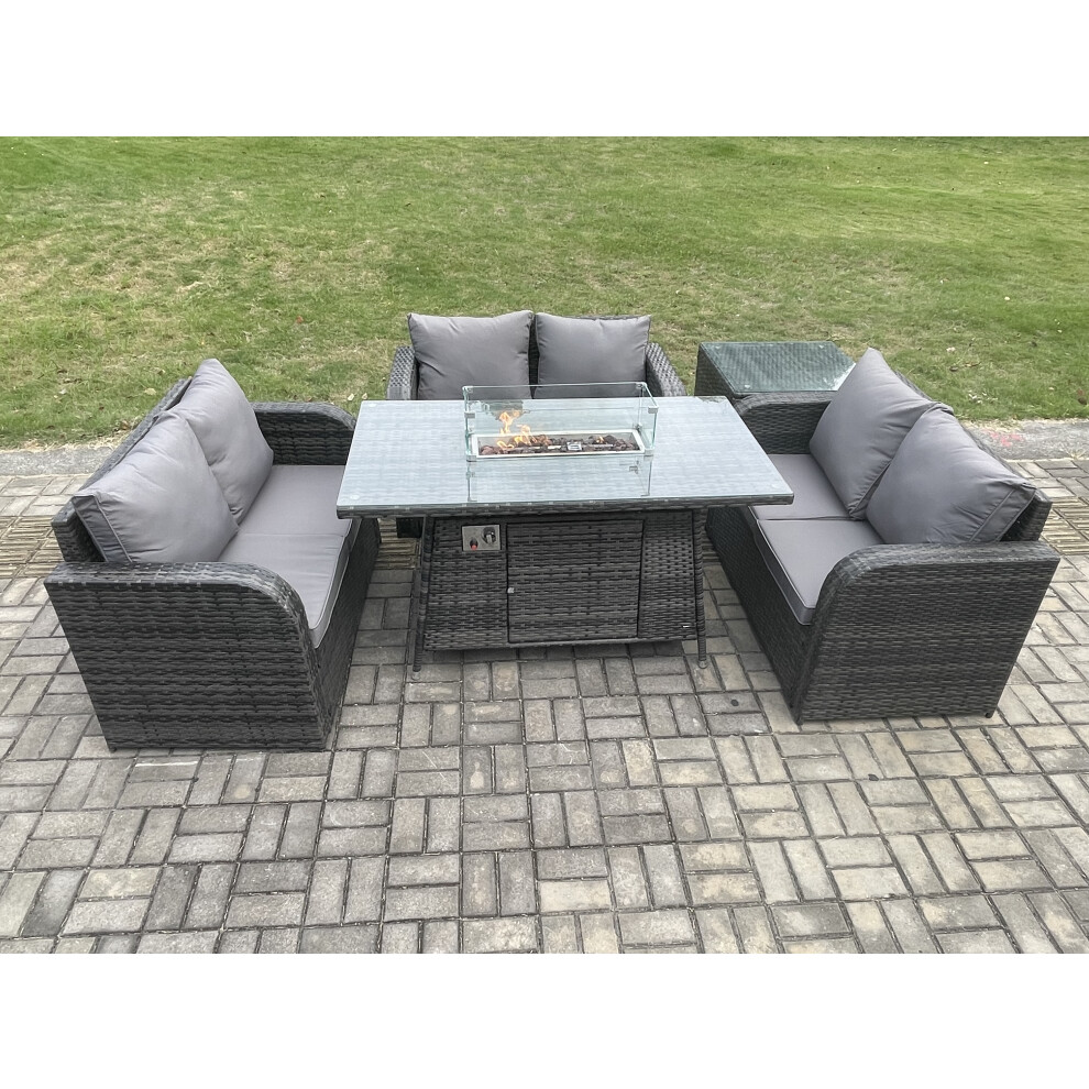 Rattan Outdoor Garden Furniture Sofa Set Gas Fire Pit Dining Table Gas Heater with Side Table Love Sofa Dark Grey Mixed