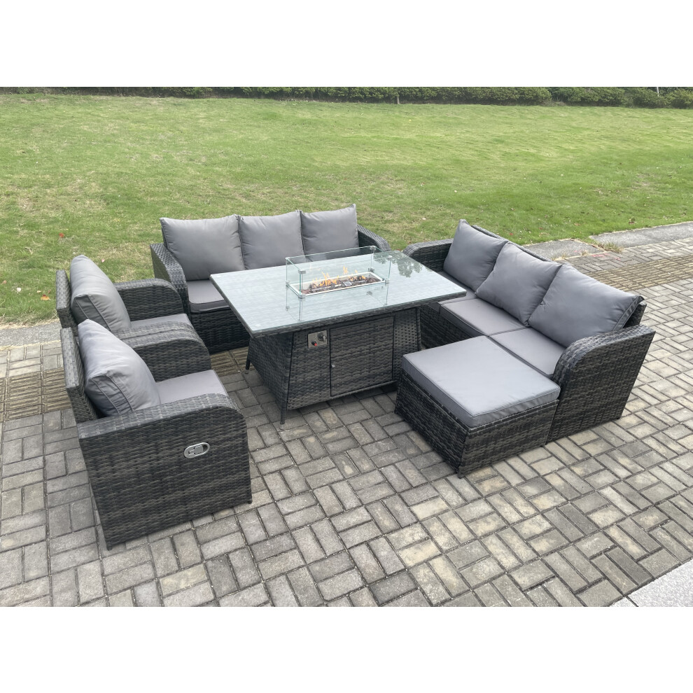 Fimous Garden Patio Furniture Wicker Rattan Gas Fire Pit Table And Sofa Set With Recling Chair Big Footstool