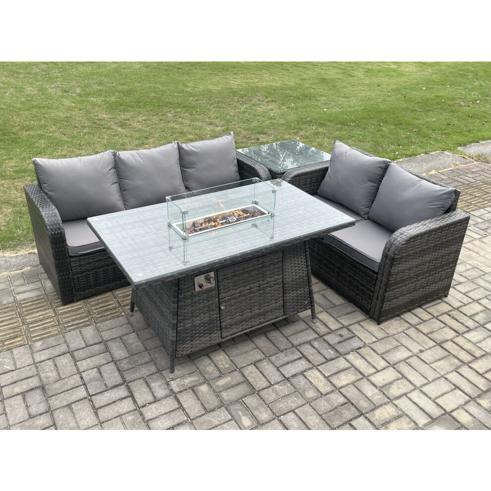 Rattan Garden Furniture Set with Gas Fire Pit Table,Side Table 4 Pieces Outdoor Lounge Sofa Set Dark Grey Mixed