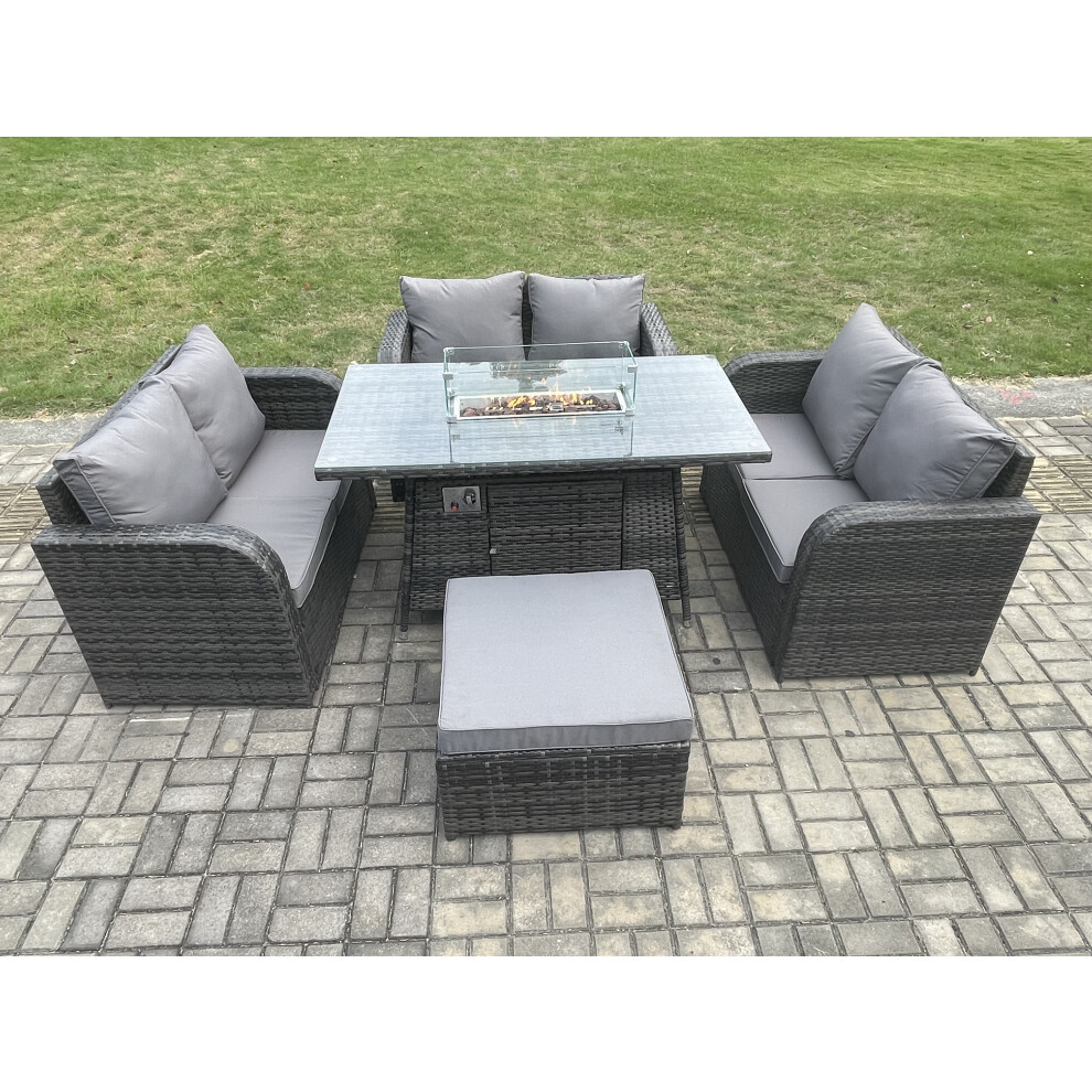 Rattan Outdoor Garden Furniture Sofa Set Gas Fire Pit Dining Table Gas Heater with Love Sofa Big Footstool Dark Grey Mixed