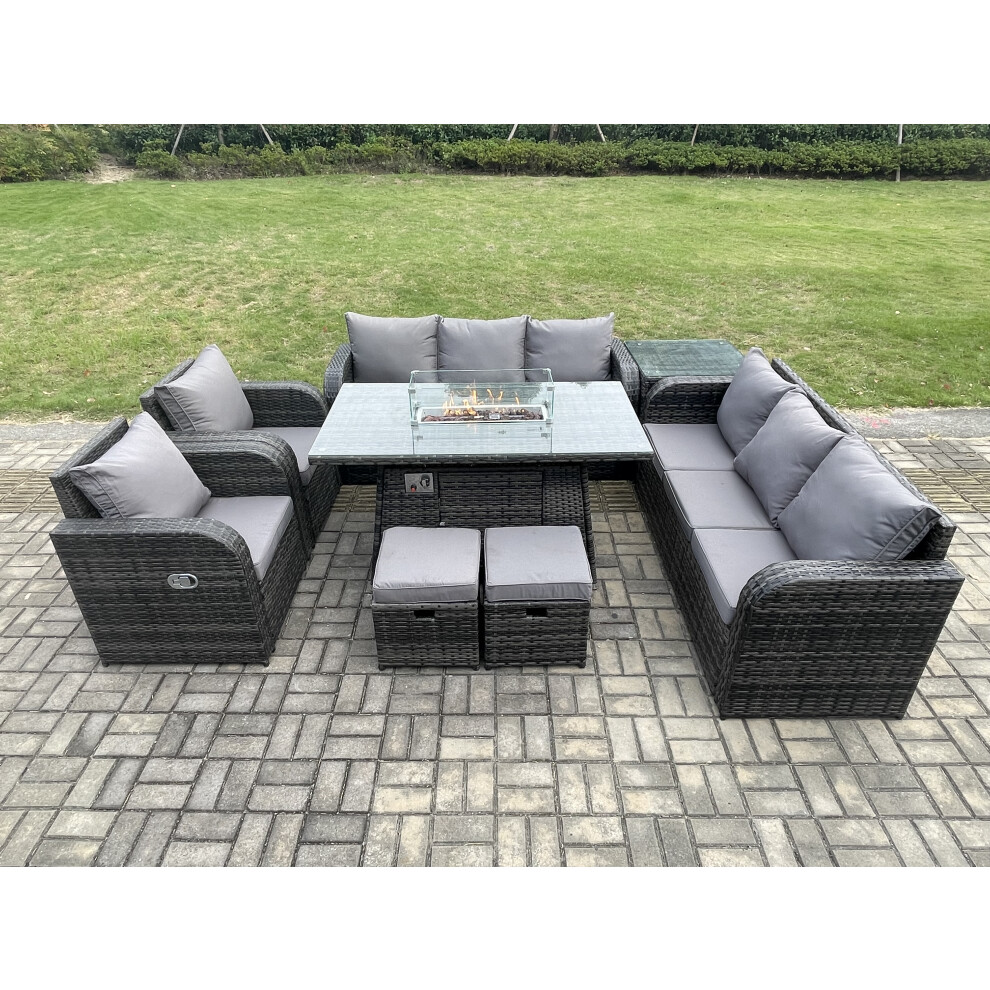 Wicker Rattan Garden Furniture Set Gas Fire Pit Dining Table Indoor Outdoor with Side Table Chair Loveseat Sofa 2 Footstools