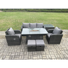 Fimous Outdoor Rattan Garden Furniture Set Propane Gas Fire Pit Table Burner with Lounge Sofa Side Tables 2 Small Footstool