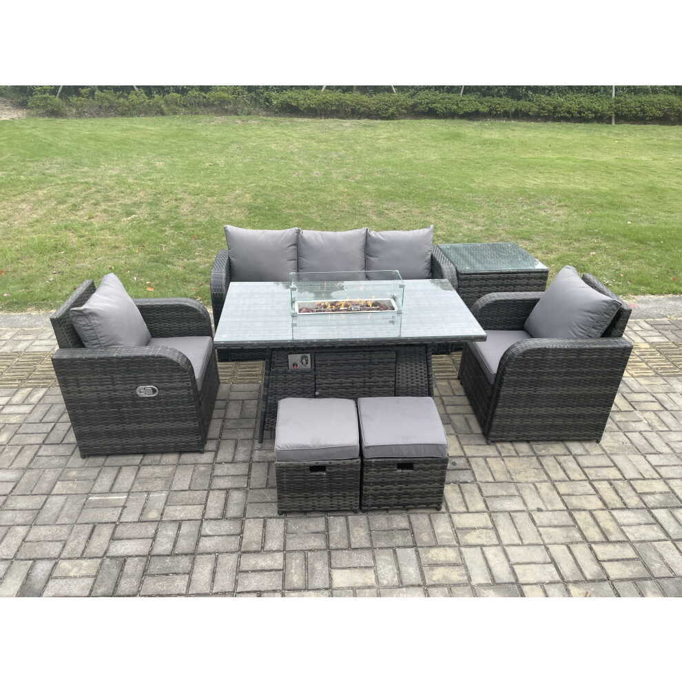 Outdoor Rattan Garden Furniture Set Propane Gas Fire Pit Table Burner with Lounge Sofa Side Tables 2 Small Footstool