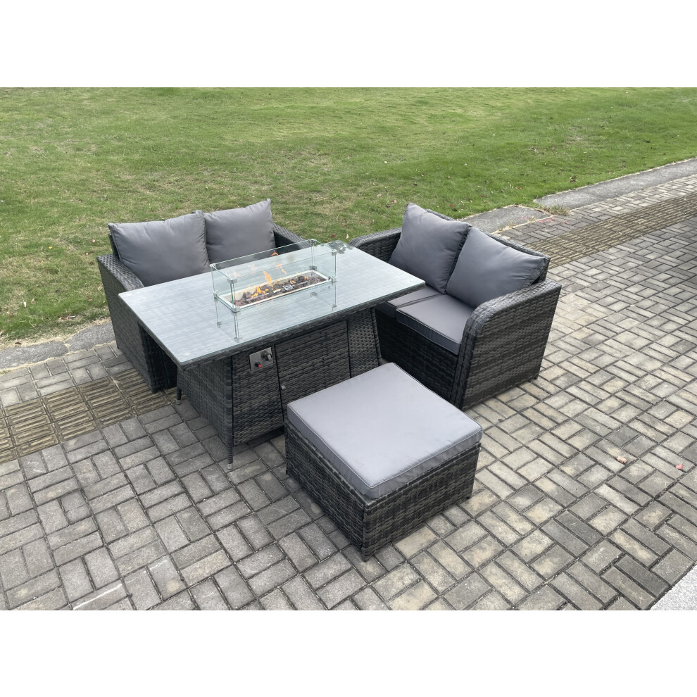 Fimous Rattan Garden Furniture Set With Gas Fire Pit Table Footstool 4 Pieces Outdoor Loveseat Sofa Set Dark Grey Mixed