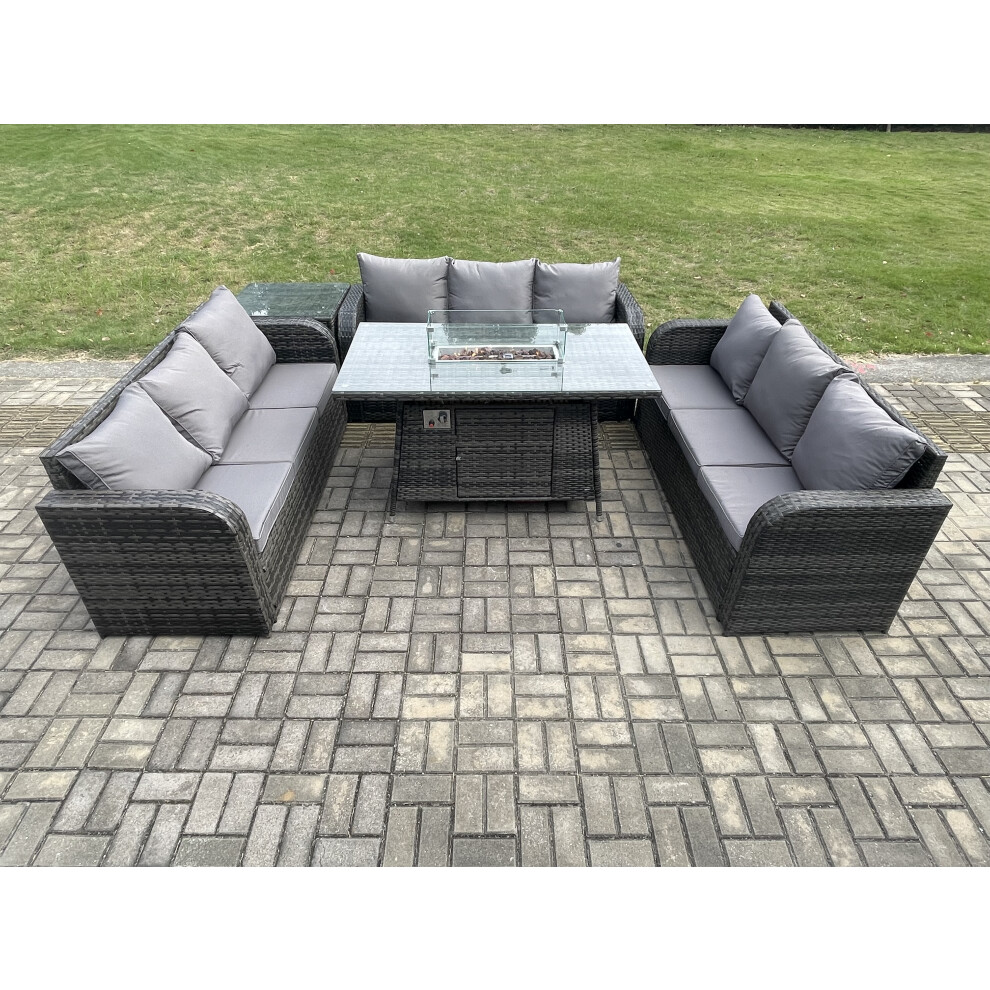 Rattan Furniture Garden Dining Set Gas Fire Pit Table With Side Table 3 Seater Sofa Dark Grey Mixed