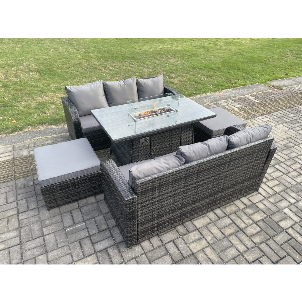 Garden Patio Furniture Wicker Rattan Gas Fire Pit Table and Sofa set with 2 Big Footstool