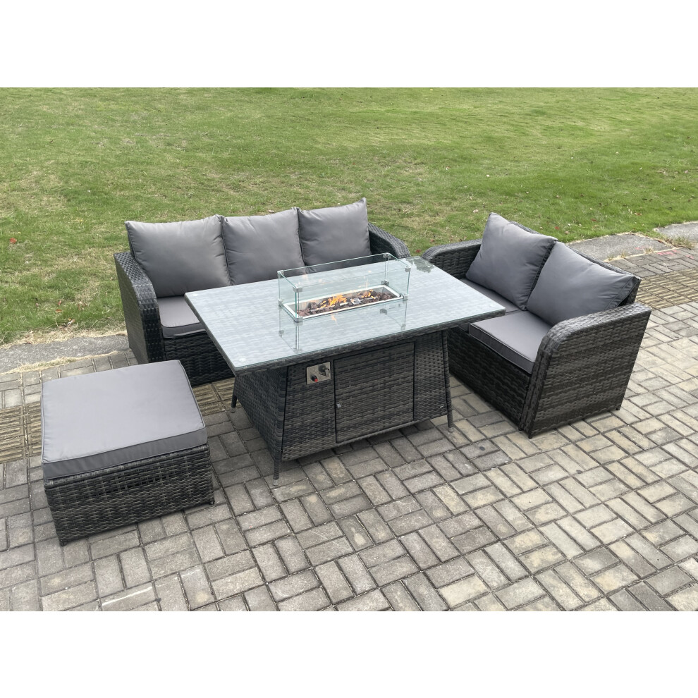 PE Wicker Outdoor Rattan Garden Furniture Set Propane Gas Fire Pit Table and Sofa set with Big Footstool