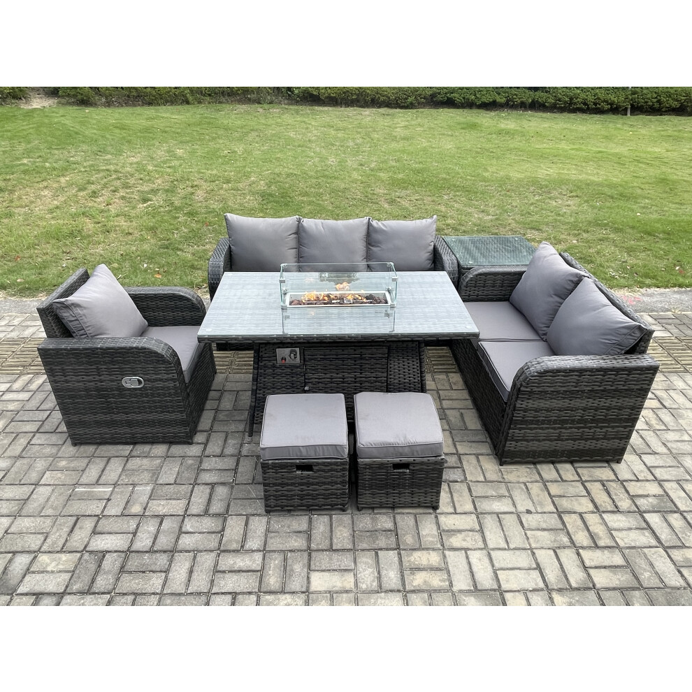 Garden Patio Furniture Wicker Rattan Gas Fire Pit Table and Sofa Chair set with Side Table 2 Small Footstools