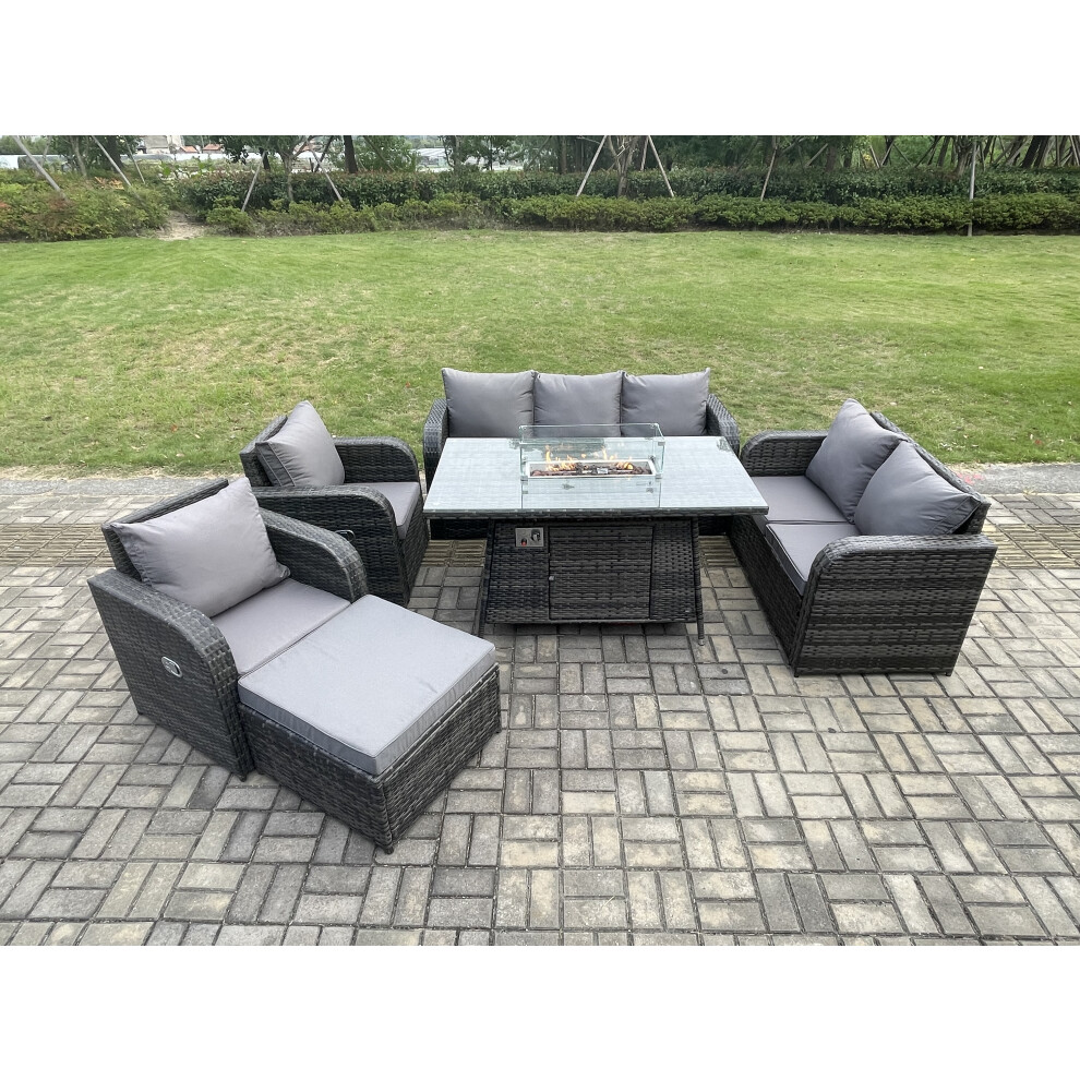 Fimous Pe Wicker Outdoor Rattan Garden Furniture Set Propane Gas Fire Pit Table And Sofa Chair Set With Big Footstool