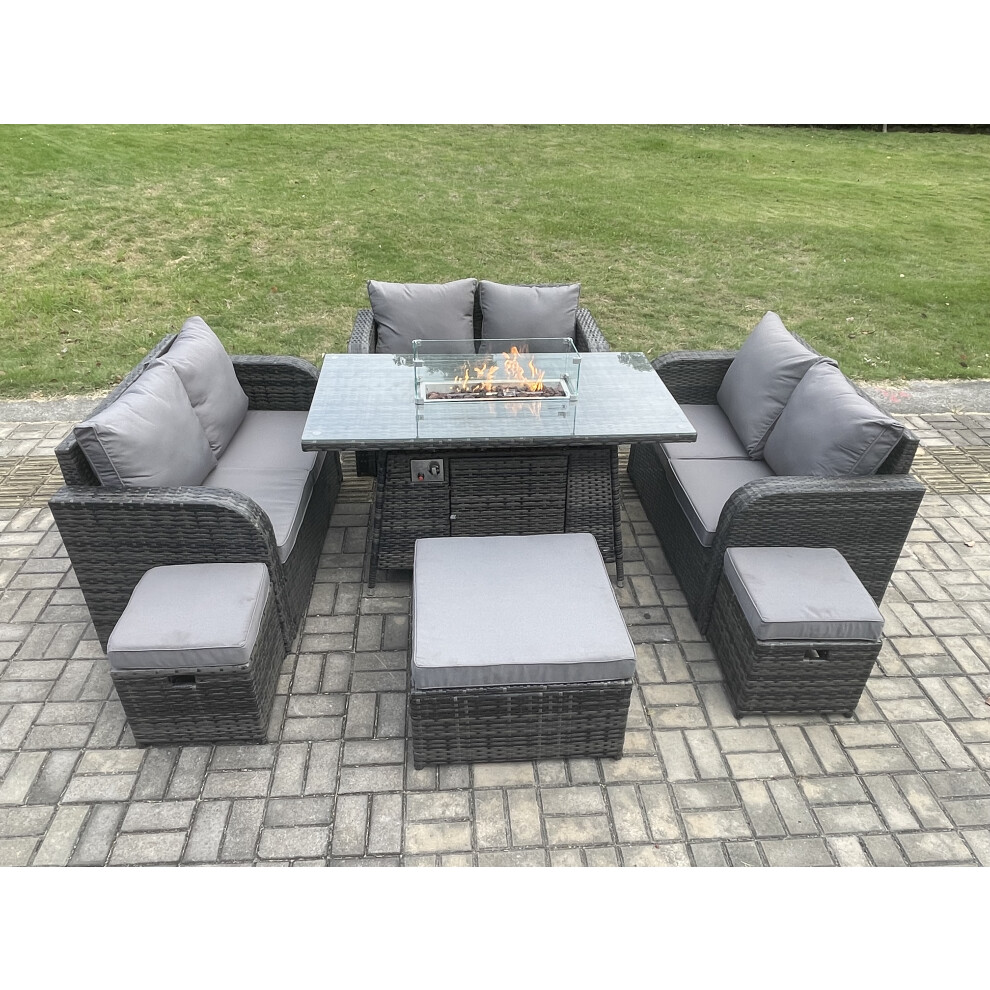 9 Seater Outdoor Rattan Furniture Garden Dining Set Gas Fire Pit Table with Love Sofa 3 Footstools Dark Grey Mixed