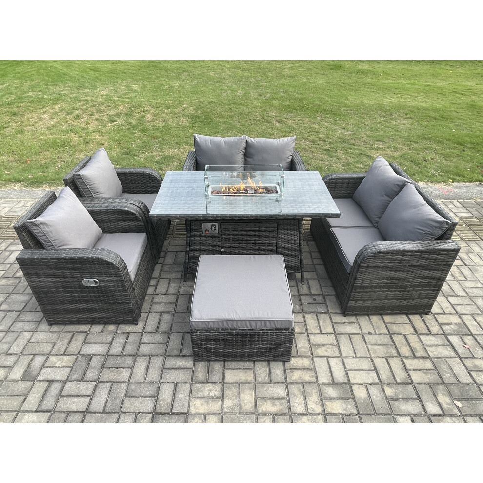 7 Seater Rattan Garden Furniture Set Propane Gas Fire Pit Table and Sofa Chair set with Big Footstool