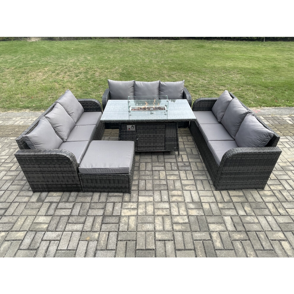 Rattan Furniture Garden Dining Set Gas Fire Pit Table With 3 Seater Sofa Footstool Dark Grey Mixed