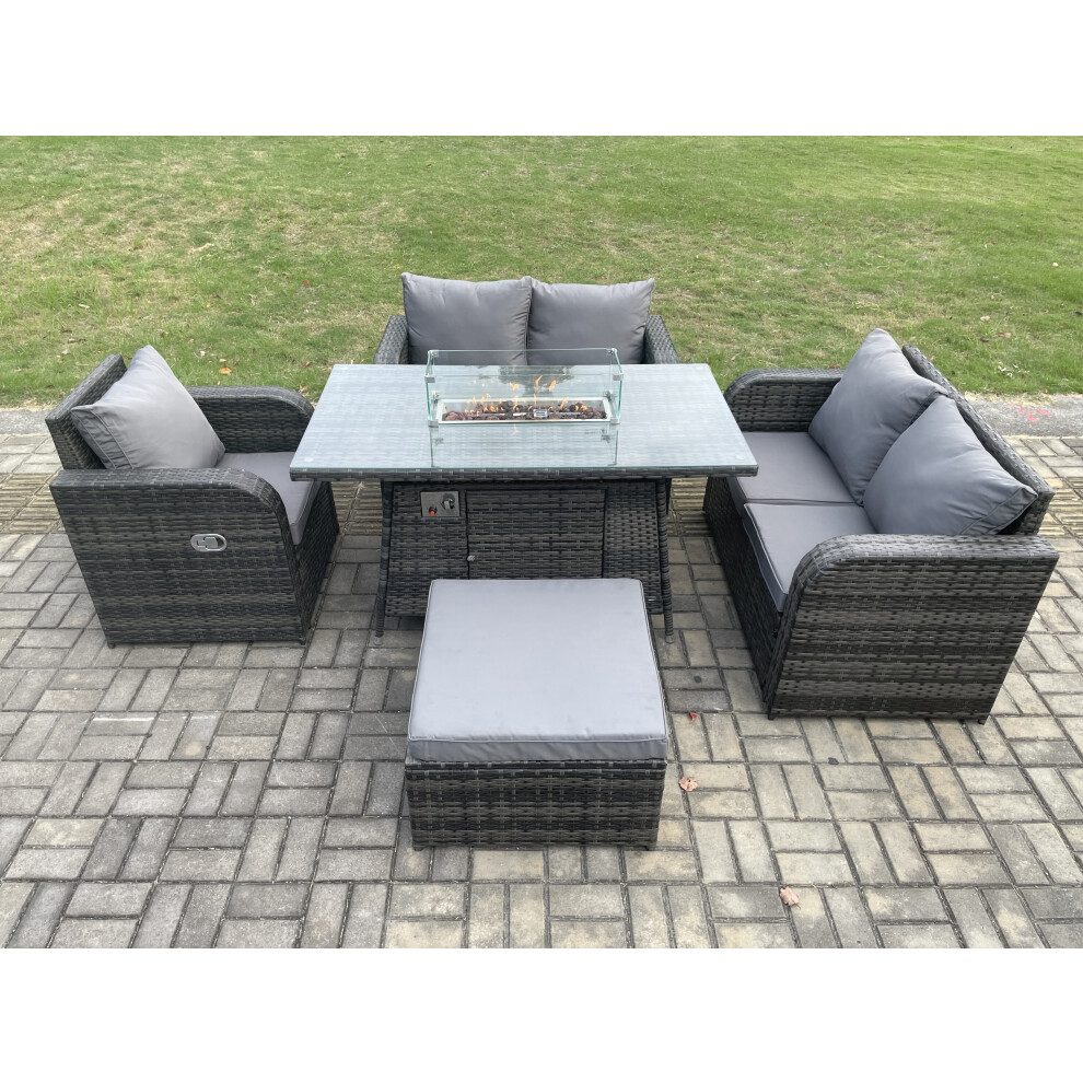 6 Seater Rattan Outdoor Garden Furniture Sofa Set Gas Fire Pit Dining Table Gas Heater with Love Sofa Big Footstool