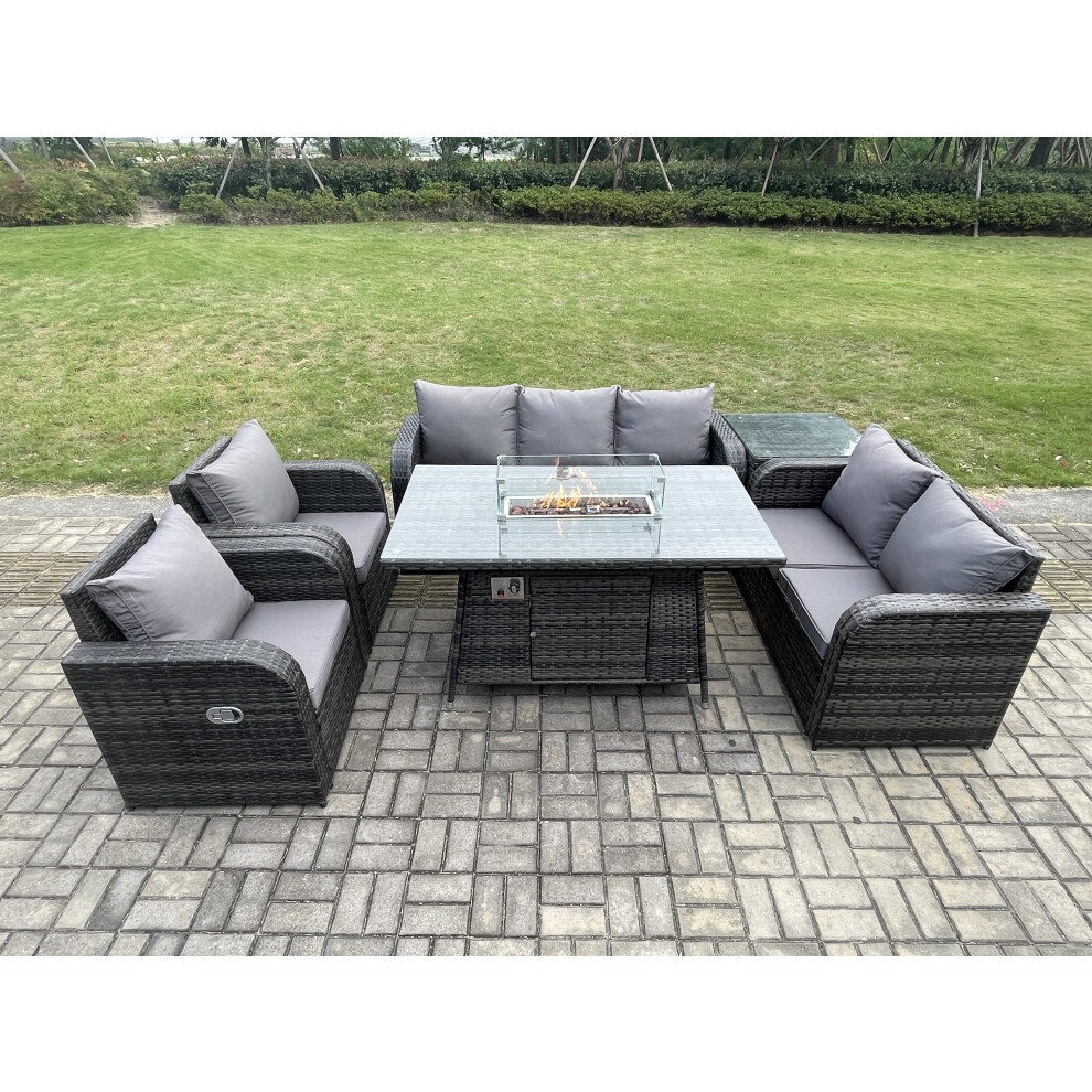 PE Wicker Outdoor Rattan Garden Furniture Set Propane Gas Fire Pit Table and Sofa Chair set with Side Table 7 Seater