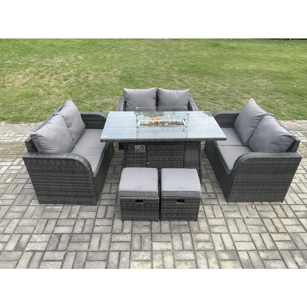 8 Seater Outdoor Rattan Furniture Garden Dining Set Gas Fire Pit Table with 2 Small Footstools Love Sofa Dark Grey Mixed