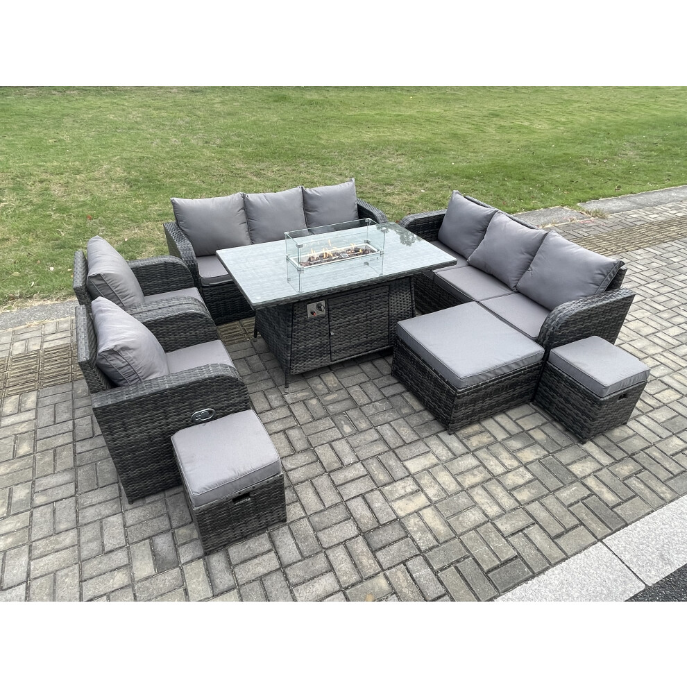 Wicker PE Rattan Garden Furniture Set Gas Fire Pit Dining Table Indoor Outdoor with Chair Loveseat Sofa 3 Footstools