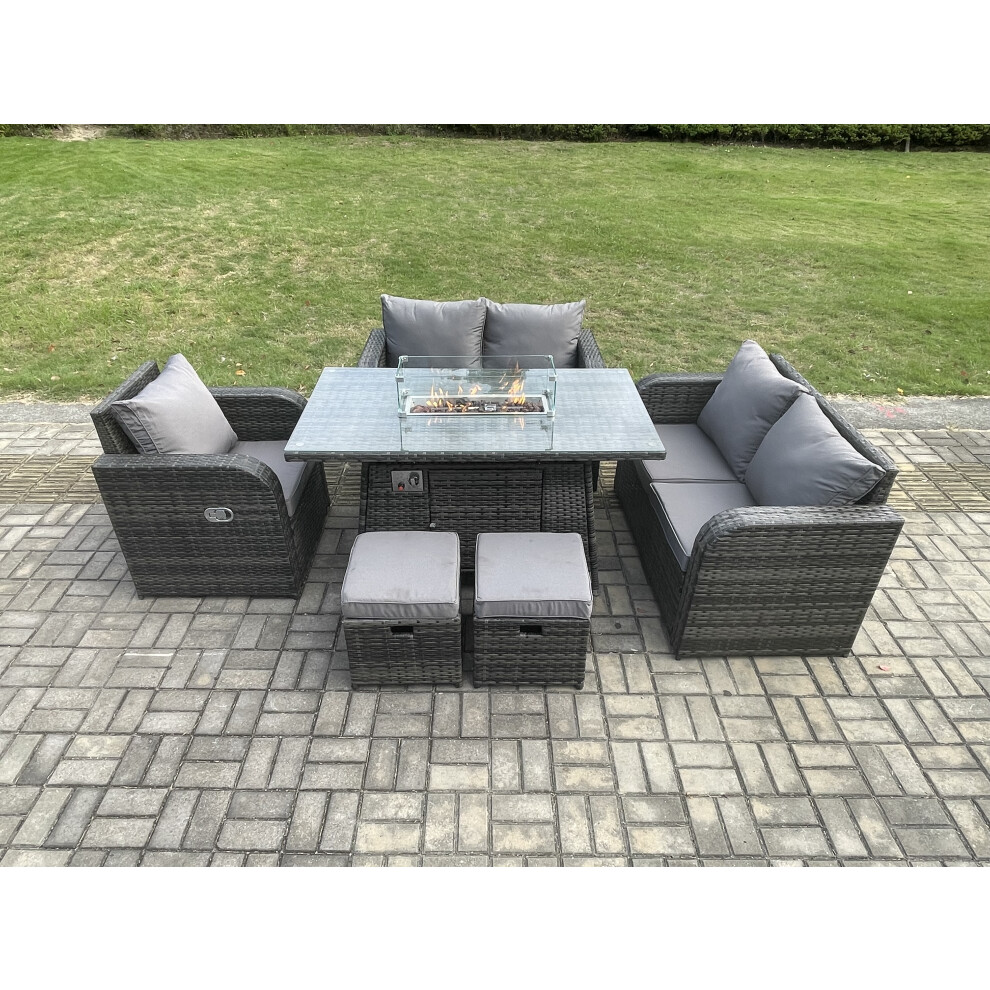 Rattan Garden Furniture Set with Gas Fire Pit Dining Table,Reclining Chair 2 Small Footstools Indoor Outdoor 6 piece Loveseat Sofa set