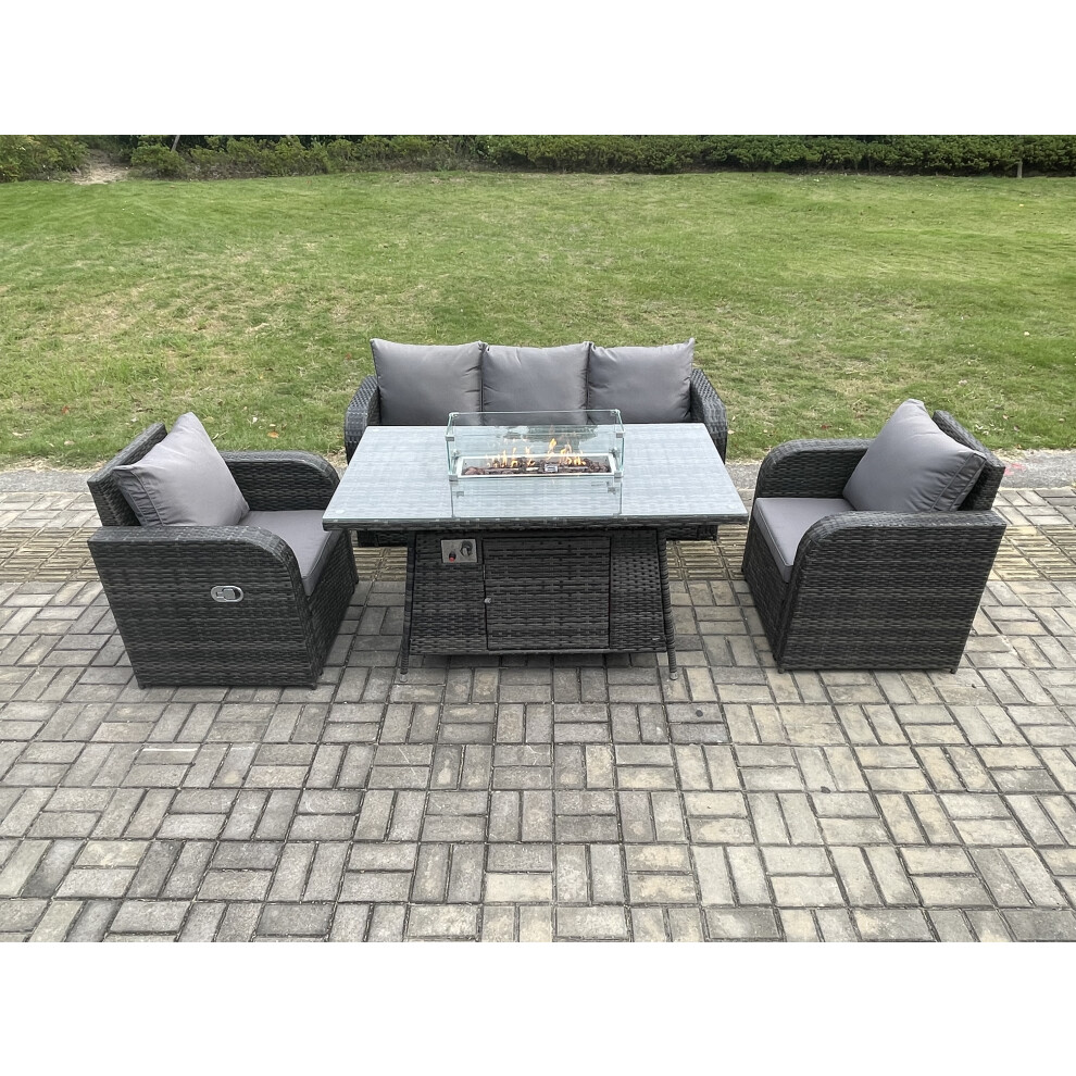 Garden Patio Furniture Wicker Rattan Gas Fire Pit Table and Chair set with 3 Seater Sofa Dark Grey Mixed