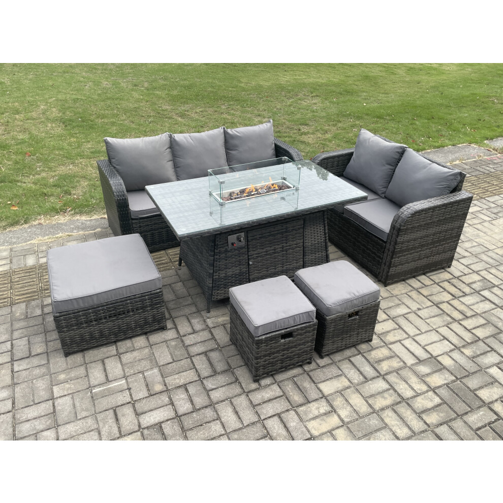 Garden Patio Furniture Wicker Rattan Gas Fire Pit Table and Sofa Chair set with 3 Footstools Dark Grey Mixed