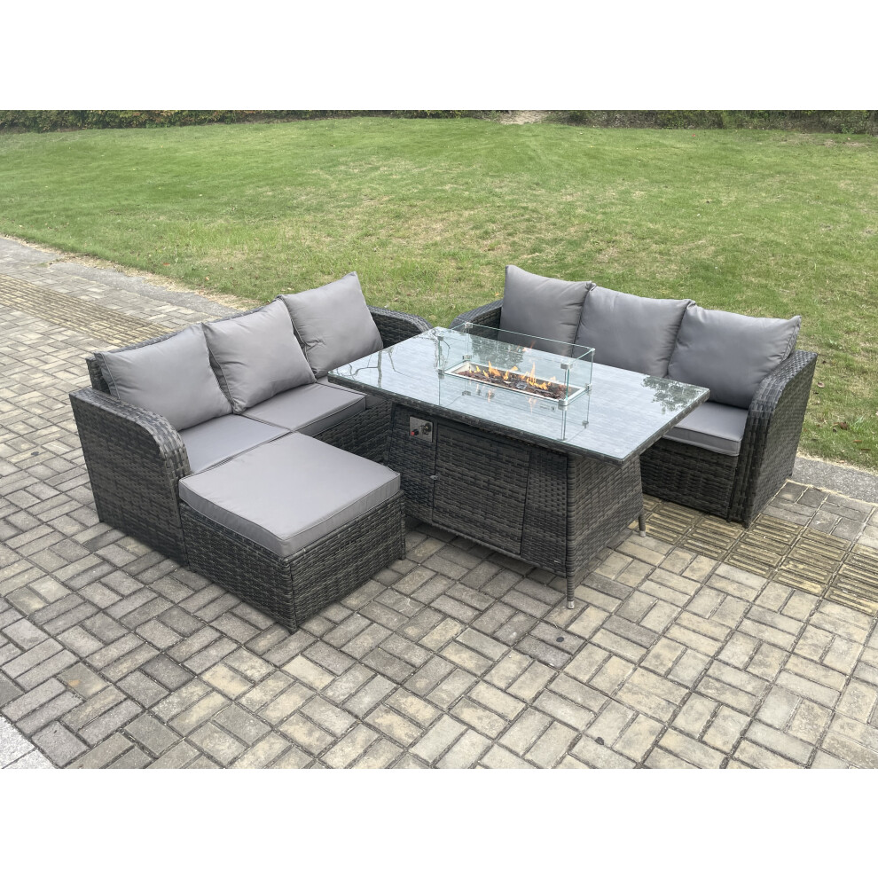 Rattan Garden Furniture Set with Fire Pit Table 7 Seater Outdoor Patio Lounge Sofa Set Dark Grey Mixed