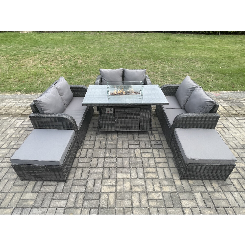 8 Seater Rattan Outdoor Garden Furniture Sofa Set Gas Fire Pit Dining Table Gas Heater with Love Sofa 2 Big Footstool