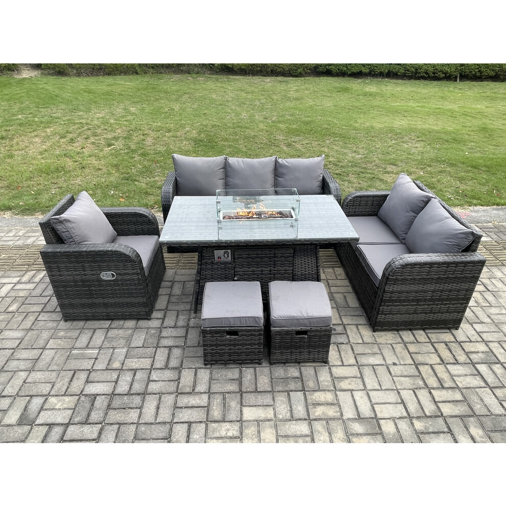 Wicker Rattan Garden Furniture Set with Fire Pit Table 8 Seater Outdoor Lounge Sofa Set Dark Grey Mixed