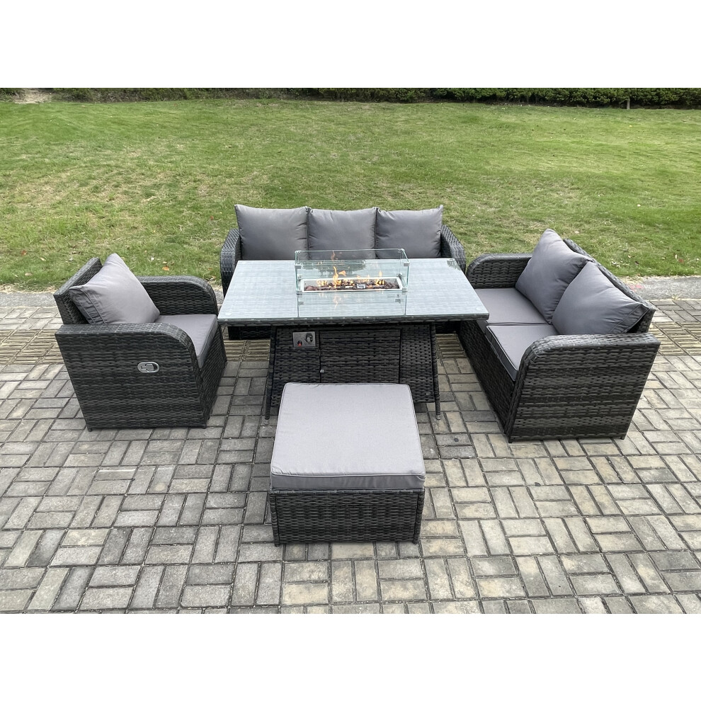 Rattan Garden Furniture Set with Fire Pit Table 7 Seater Outdoor Lounge Sofa Set Dark Grey Mixed