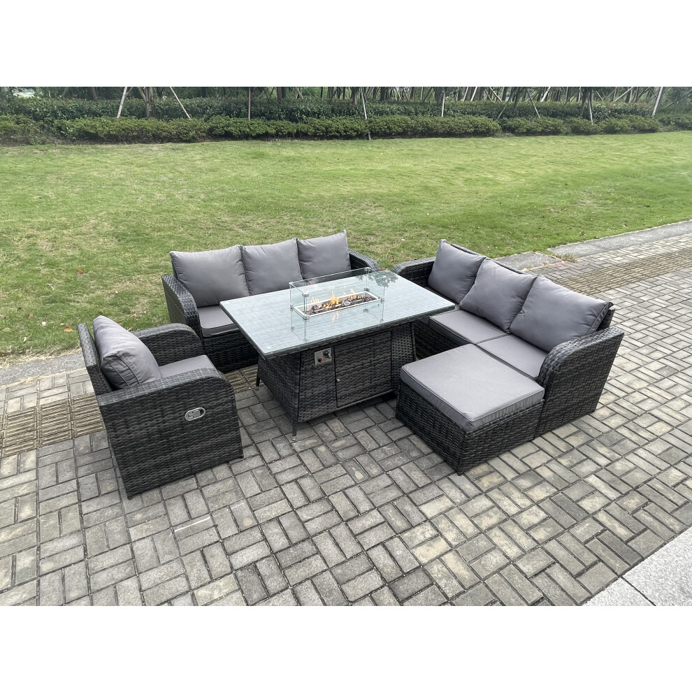 Fimous Rattan Outdoor Furniture Gas Fire Pit Dining Table Gas Heater Reclining Chair 3 Seater Sofa Sets With Big Footstool 8 Seater