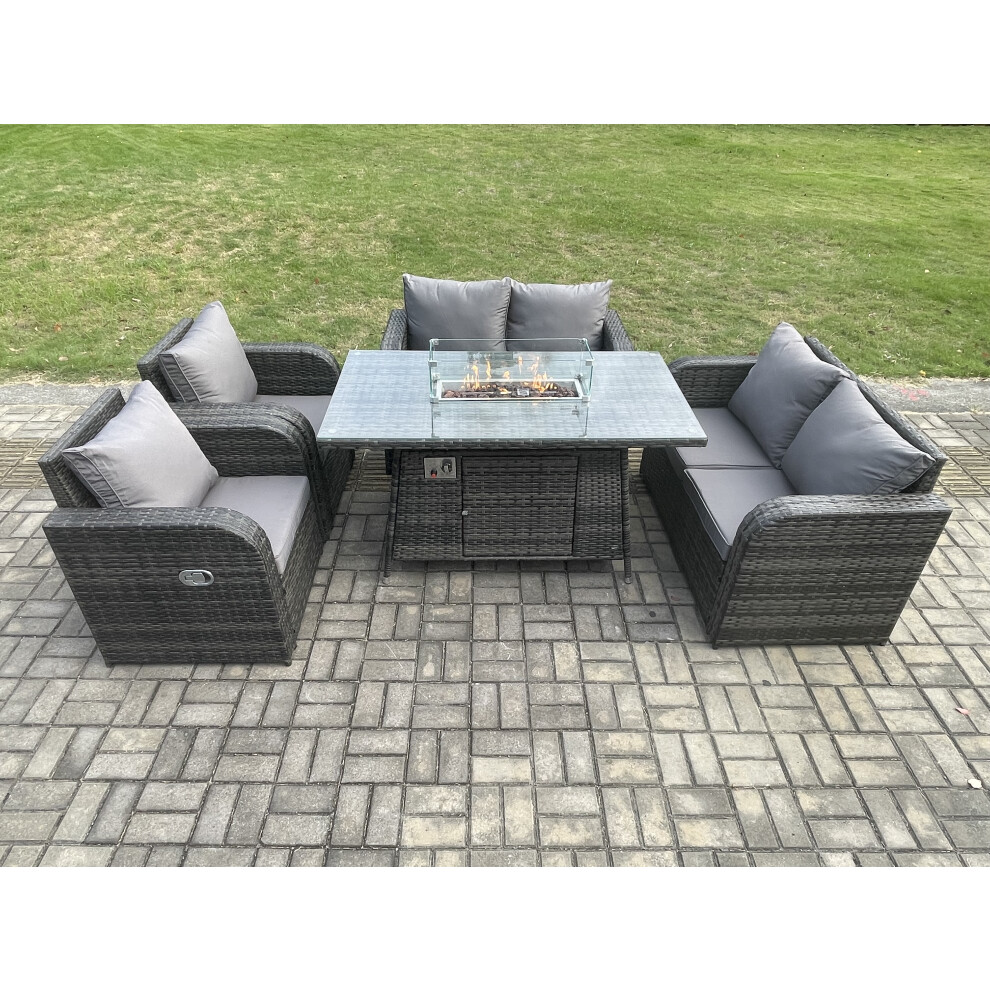 Rattan Outdoor Garden Furniture Sofa Set Gas Fire Pit Dining Table Gas Heater with Love Sofa Recling Chair 6 Seater