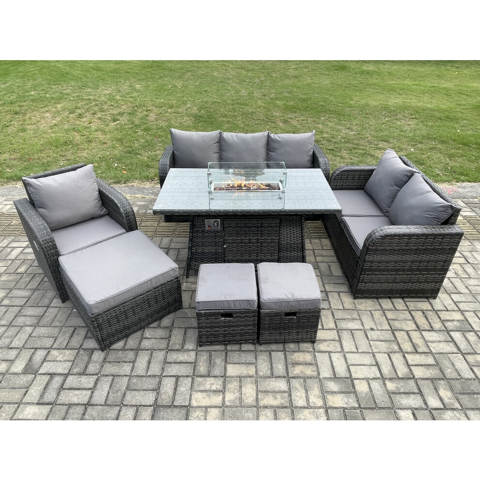 Rattan Garden Furniture Set with Fire Pit Table 9 Seater Outdoor Lounge Sofa Set Dark Grey Mixed