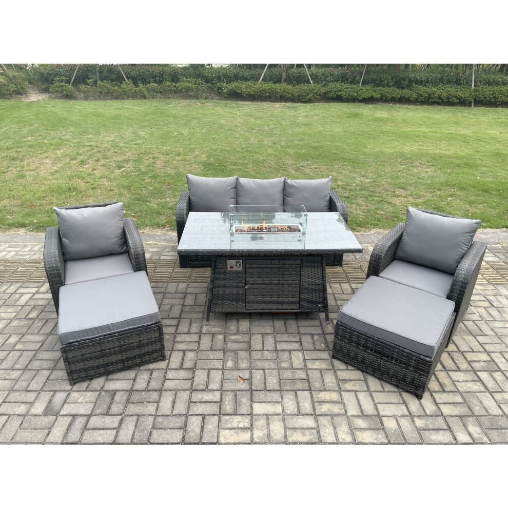 Rattan Outdoor Garden Furniture Sofa Set Gas Fire Pit Dining Table Gas Heater with 2 Big Footstool Dark Grey Mixed