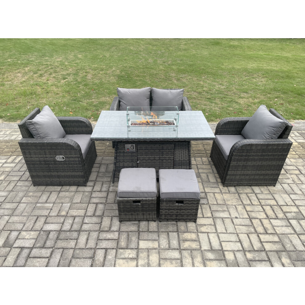 Rattan Outdoor Garden Furniture Sofa Set Gas Fire Pit Dining Table Gas Heater with Love Sofa 2 Small Footstool Dark Grey Mixed