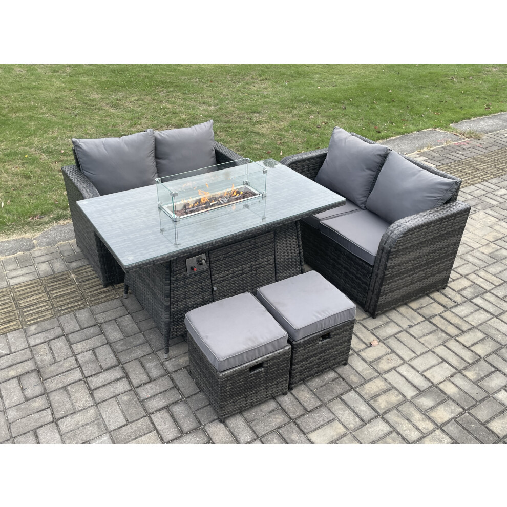 Fimous Unisex Dark Grey 6 Seater Rattan Outdoor Garden Furniture Sofa Set Gas Fire Pit Dining Table Gas Heater With Love Sofa 2 Footstool In Small - Image 3