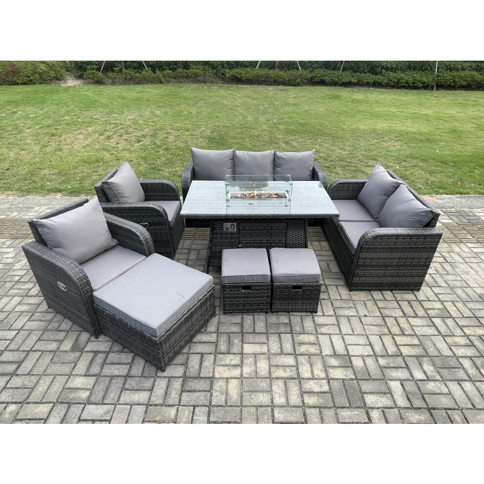 10 Seater PE Wicker Outdoor Rattan Garden Furniture Set Propane Gas Fire Pit Table and Sofa Chair set with 3 Footstools