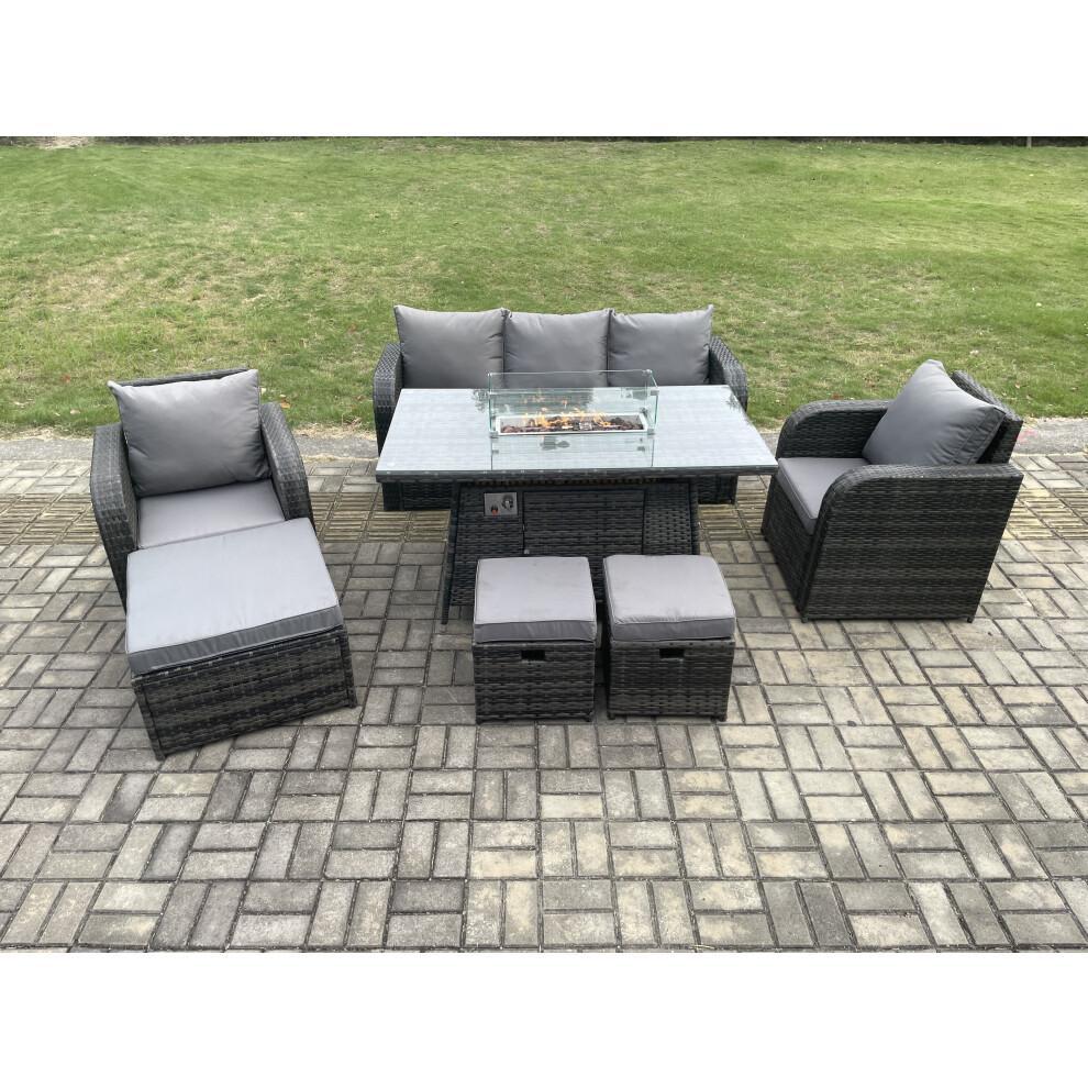 Wicker Rattan Garden Furniture Sofa Set Gas Fire Pit Dining Table Indoor Outdoor with Chair 3 Footstools