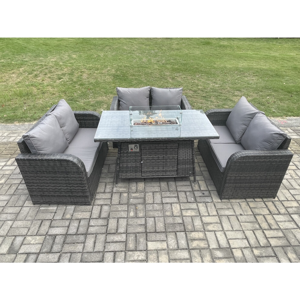 Rattan Outdoor Garden Furniture Sofa Set Gas Fire Pit Dining Table Gas Heater with Love Sofa Dark Grey Mixed