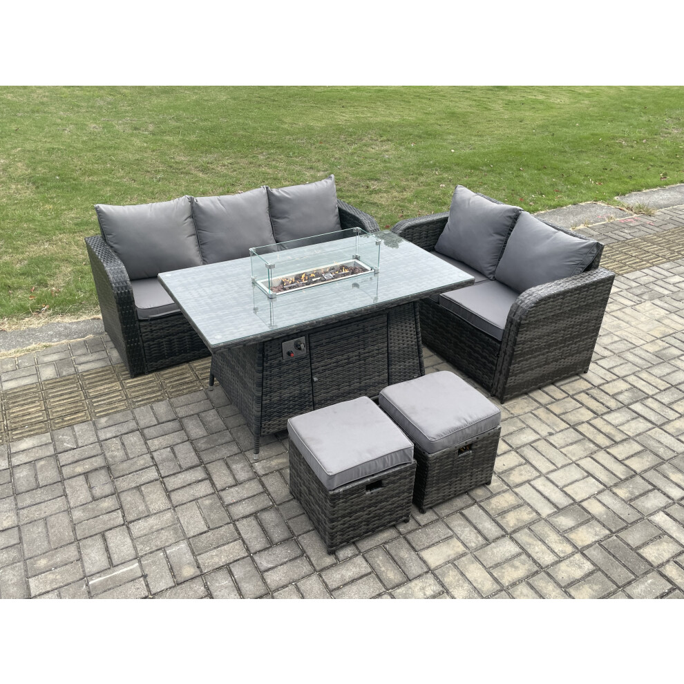 Fimous Pe Wicker Outdoor Rattan Garden Furniture Set Propane Gas Fire Pit Table And Sofa Set With 2 Small Footstools
