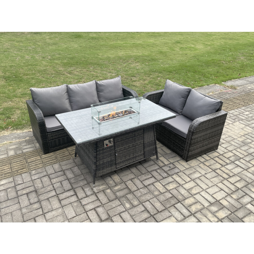 Rattan Garden Furniture Set With Gas Fire Pit Table 3 Pieces Outdoor Lounge Sofa Set Dark Grey Mixed